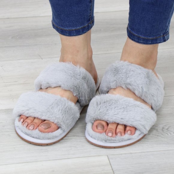 Grey Puff Fuzzy Furry Fluffy Slip On Plush Slippers Double Strap - Picture 2 of 13